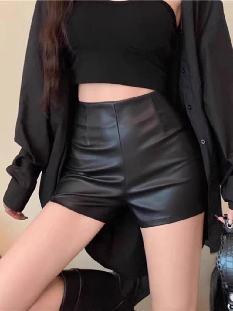 Women's A-Line PU Leather Shorts - Slim Fit, Sexy Korean Style, Perfect for Fall/Winter 2023.