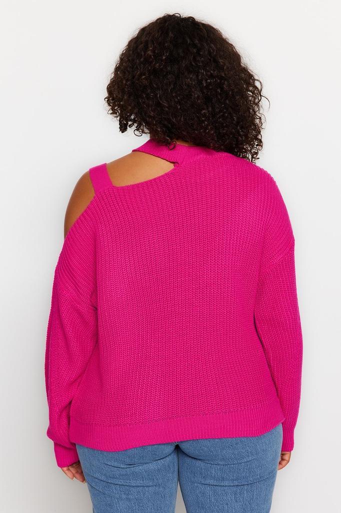 Women's Plus Size Sweater Fuchsia Window Cut Out Detailed Knitwear Sweater
