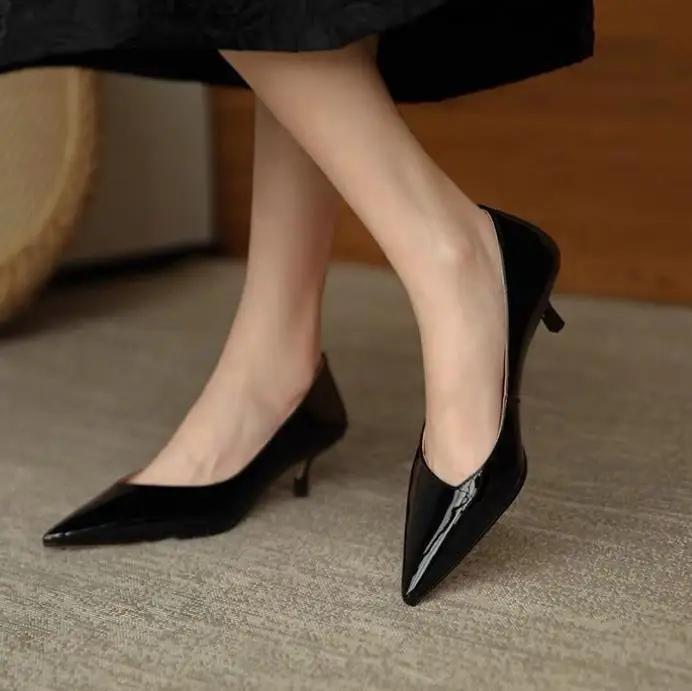 Туфли-лодочки из лакированной кожи женские туфли-шпильки профессиональные туфли новые серые туфли с острыми каблуками женские туфли на среднем каблуке