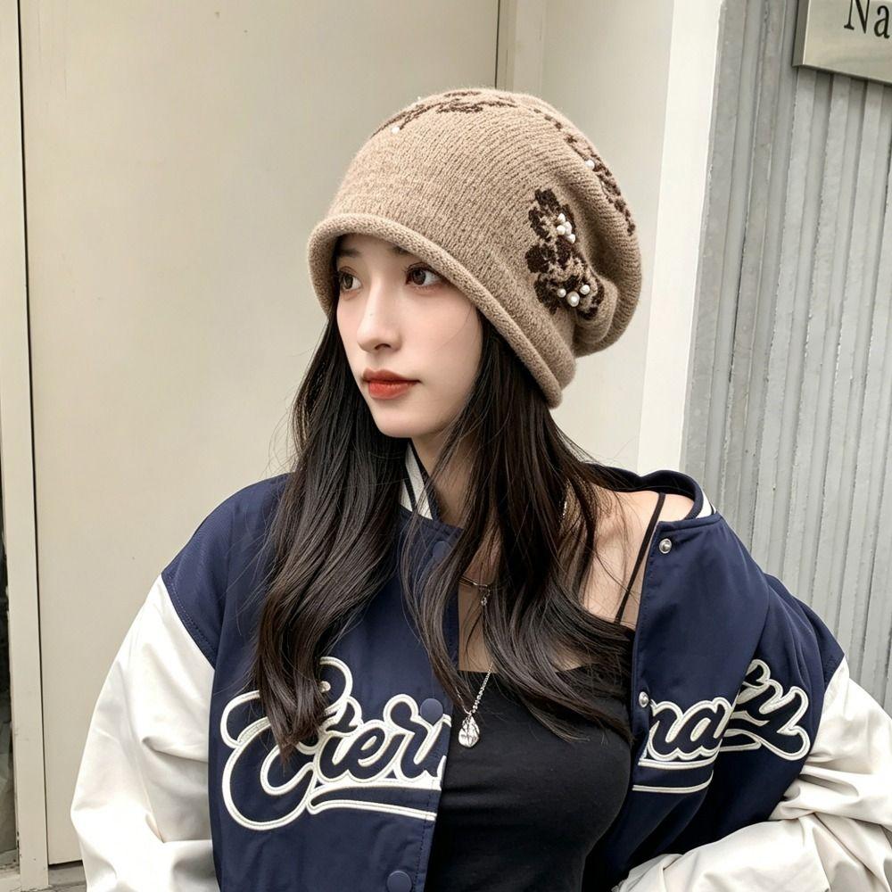 Ear Protection Floral Slouchy Beanie Windproof Fall Winter Cold Hat Jacquard Knit Hat Casual