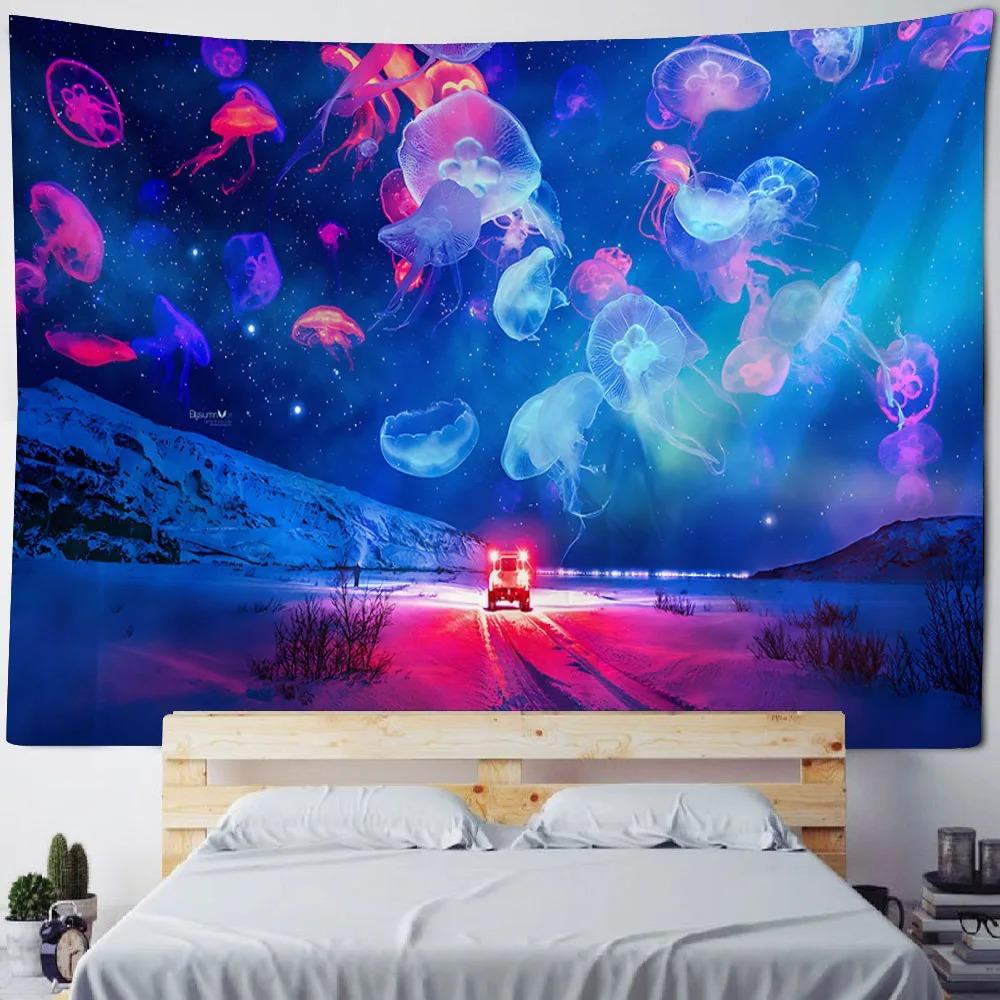Kawaii room wall decor underwater creatures tapestry astronaut jellyfish fantasy home art decor neon galaxy space