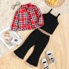 Girls' Fashion Set Autumn Children's Casual Strappy Top + Flared Trousers + Checked Shirt Jacket Set