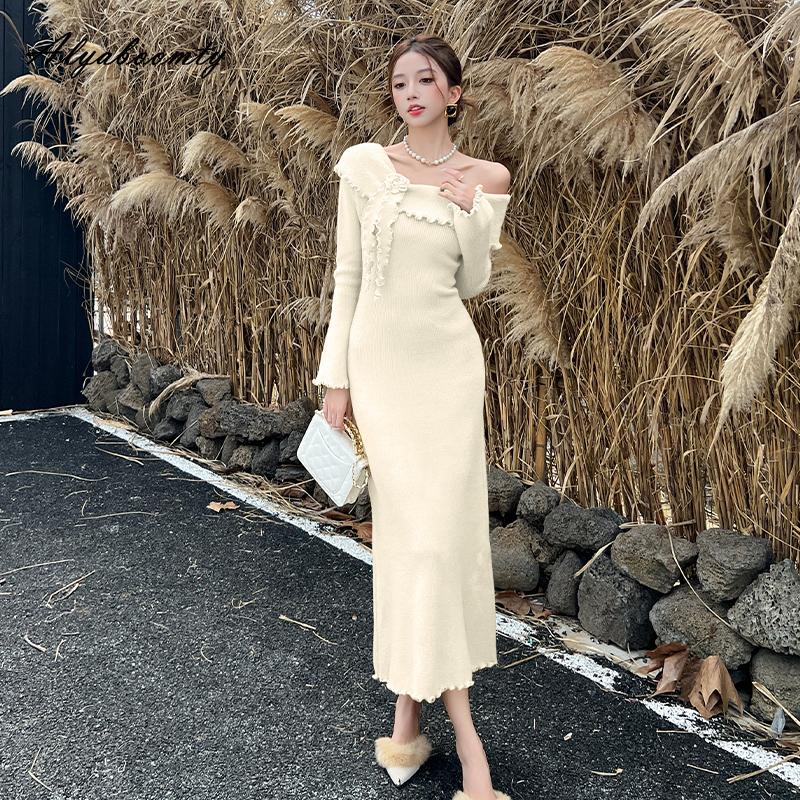 Французский стиль Осень Зима Женское платье-свитер С открытыми плечами Бежево-желтое Цветочное вязаное платье Вязаное Женственное Элегантное Шикарное платье