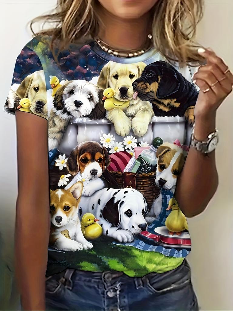 2024 Лето Новая женская футболка с 3D-цифровым принтом, креативный анималистичный узор, круглый вырез, повседневный свободный модный топ с коротким рукавом