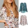 Women Autumn Retro Soft Cotton V Neck Long Sleeve Shirt Floral Print Top Blouse