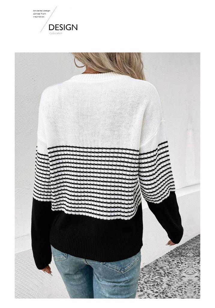 Autumn 2026 European & American Casual Stripe Color Block Sweater - Long Sleeve, Round Neck Pullover