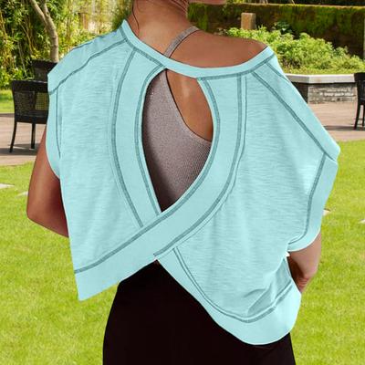 Женская футболка с круглым вырезом, коротким рукавом и открытой спиной, однотонная свободная футболка для тренировок, универсальная повседневная одежда