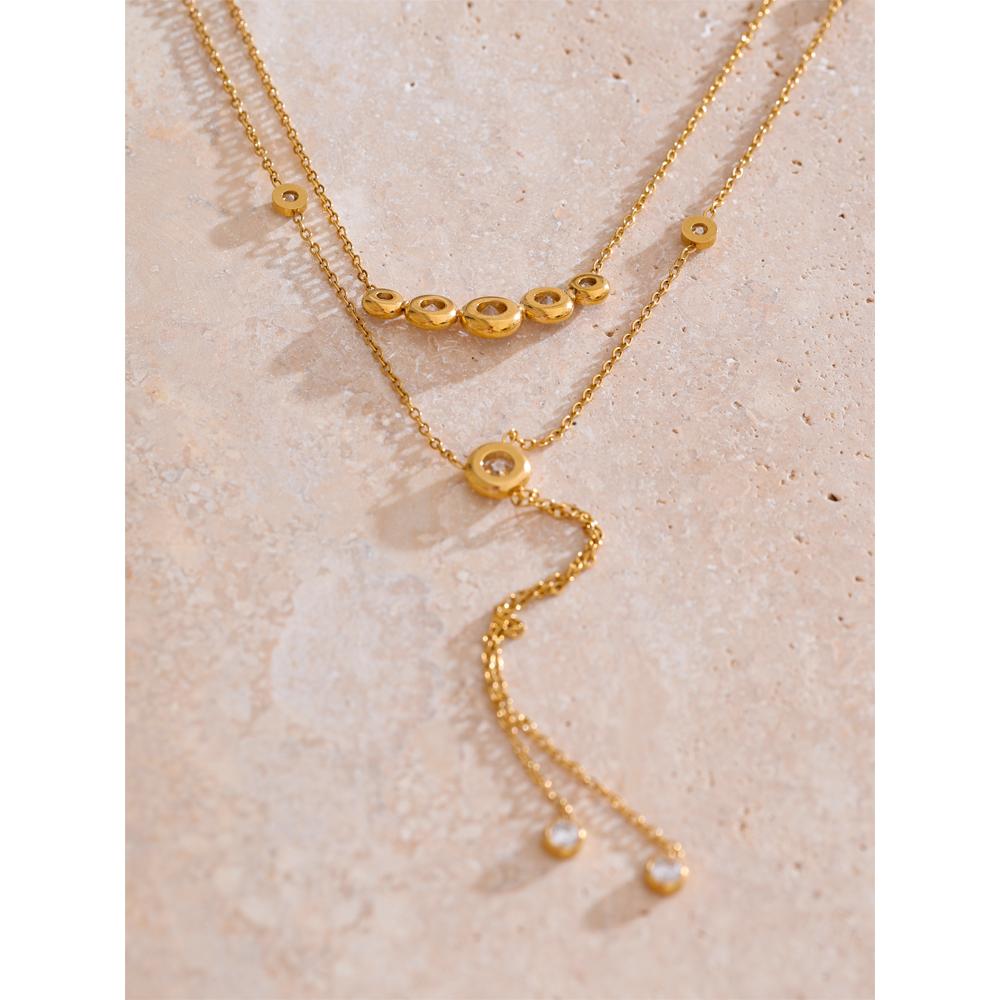 Yhpup Delicate Cubic Zirconia Double-Layer Chain Drop Tassel Luxury Necklace for Women Stainless Steel Exquisite Jewelry Gift
