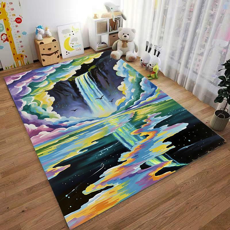Colorful Waterfall Landscape Carpet with Starry Sky and Clouds Design Suitable for use as an anti-slip for living room bedroom sofas