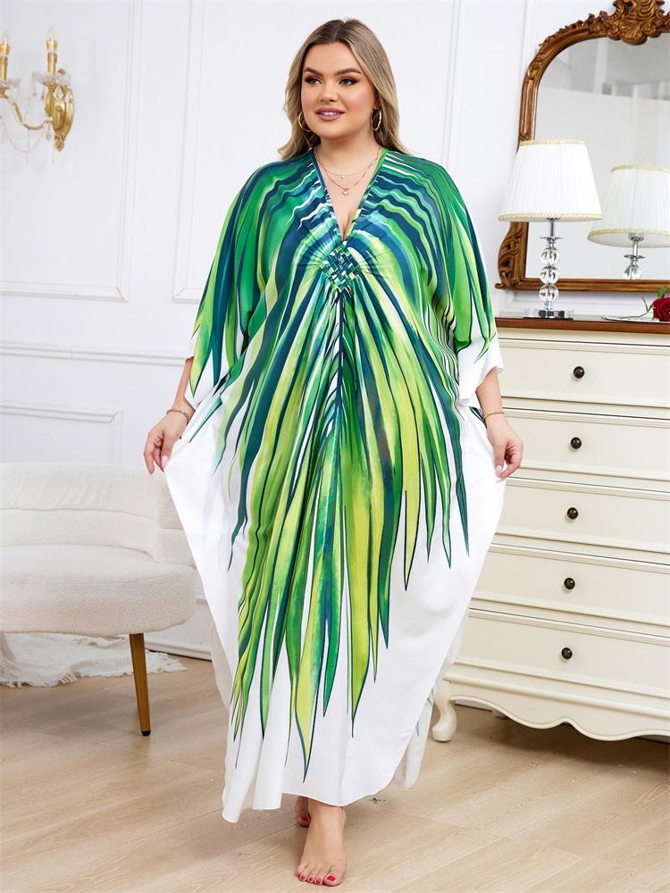EDOLYNSA Oversize Women Kaftan Robe Outfit Bohemian Printed Vacation Chinese Knot V-neck House Bathing Suit Cover Up Q1588