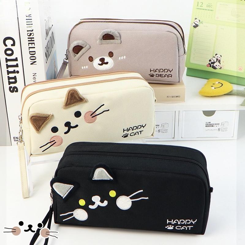 Cute Black and White Cat Pencil Case - Portable Large Capacity Stationery Bag with Pen Insert & Mesh Pocket for School Supplies