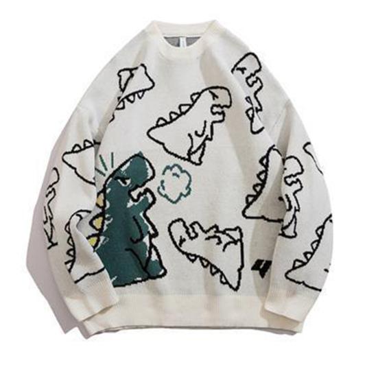 Мужской свитер осень-зима с рисунком динозавра, свободный свитер с круглым вырезом и длинными рукавами, в стиле хип-хоп, средней длины, для повседневной носки, работы, школы, улицы