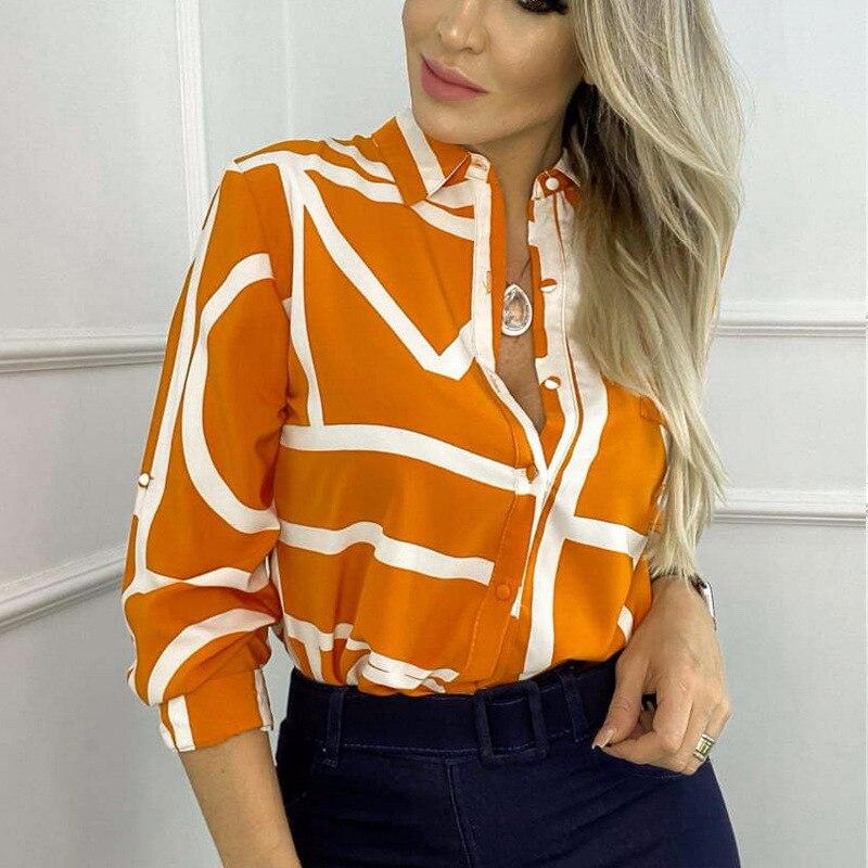 Spring Pocket Office Lady Blouse Elegant Turn Down Collar Print Shirts Women Clothes Fashion Button Long Sleeve Tops Clothing 25576