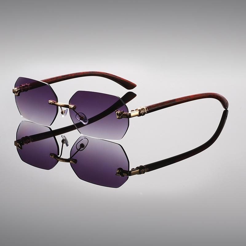 Безрамочные многоугольные солнцезащитные очки с обрезанными краями Женские высококлассные ретро очки Мужские ножки с текстурой дерева Леопардовая голова Солнцезащитные очки