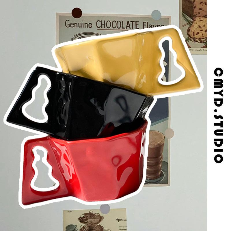 Hand Pinched Irregular Ceramic Mug Square Handle Water Cup Coffee Milk Cup Style Interesting Mug Coffee Cup Ornament