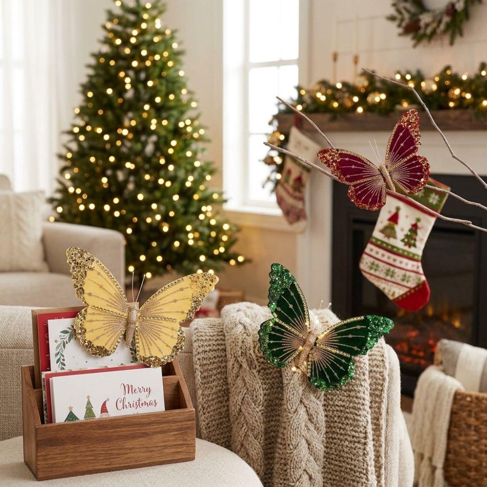 Glitter Velvet Christmas Butterfly Ornament Flocked Xmas Sequin Faux Butterfly Holiday Party