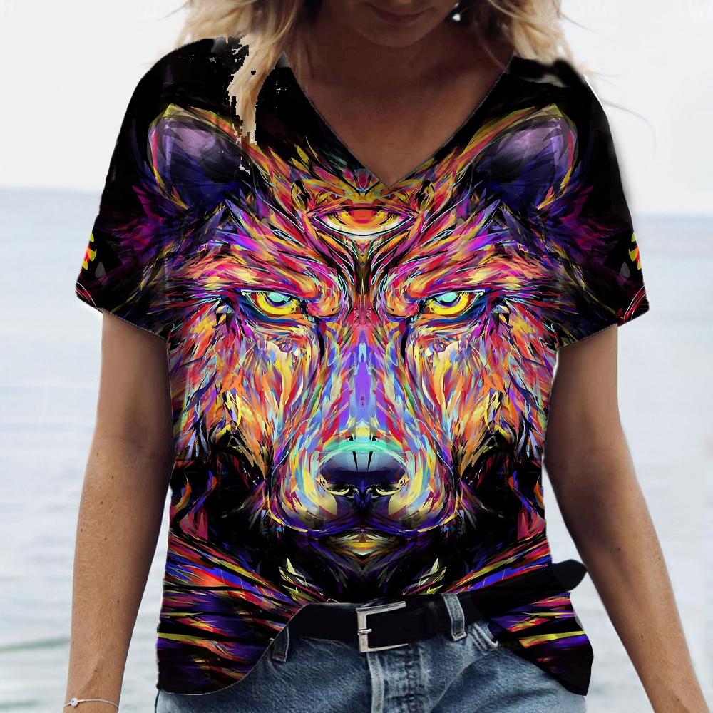 Модная женская футболка с забавным волком и 3D принтом, летняя футболка с короткими рукавами, одежда большого размера из полиэфирного волокна