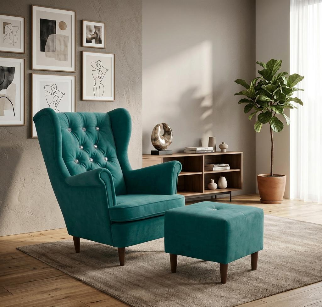 Ohrensessel Gaja Aura Royal mit Hocker und Kristallen im skandinavischen Stil – Family Meble