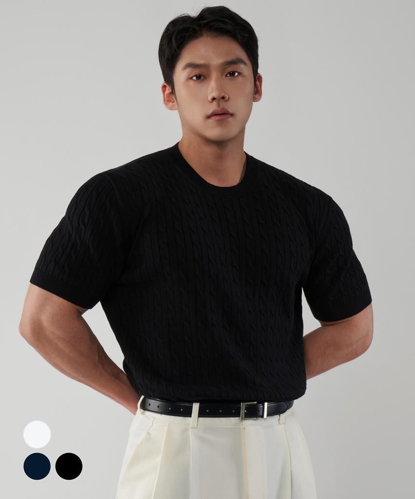 UNTAPPED STUDIO Muscle Fit Washable Cable Short Sleeve Round Knit 3 Colors