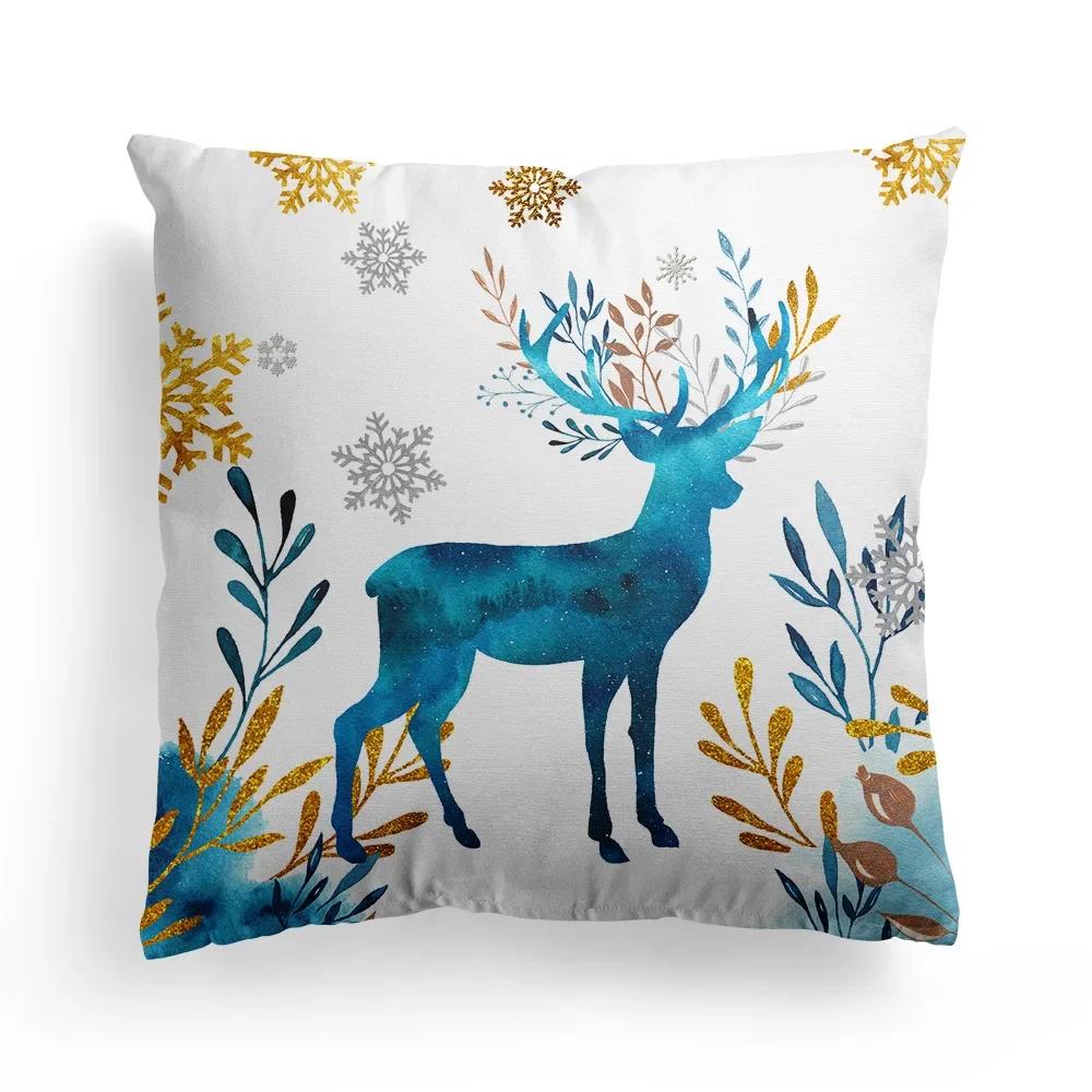 Home Decoration Christmas Blue Elk Plant Pillow House Polyester Cushion Cushion Decoración Navideña Funda De Almohada