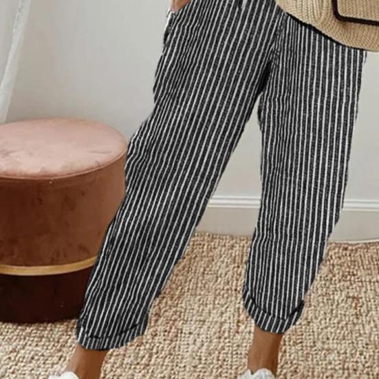 Женские повседневные брюки с эластичной резинкой на талии и завязками на талии, шаровары с карманами в вертикальную полоску с принтом, пляжные офисные магазины, повседневные длинные брюки