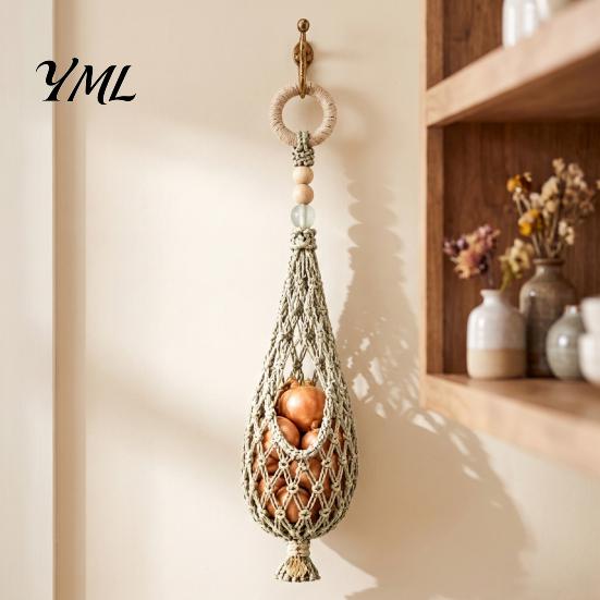 Rustic Kitchen Hanging Storage Handwoven Cotton Rope Mesh Bag, Wall-Mounted Bohemian Style Organizer, Onion And Potato Keeper Breathable Teardrop