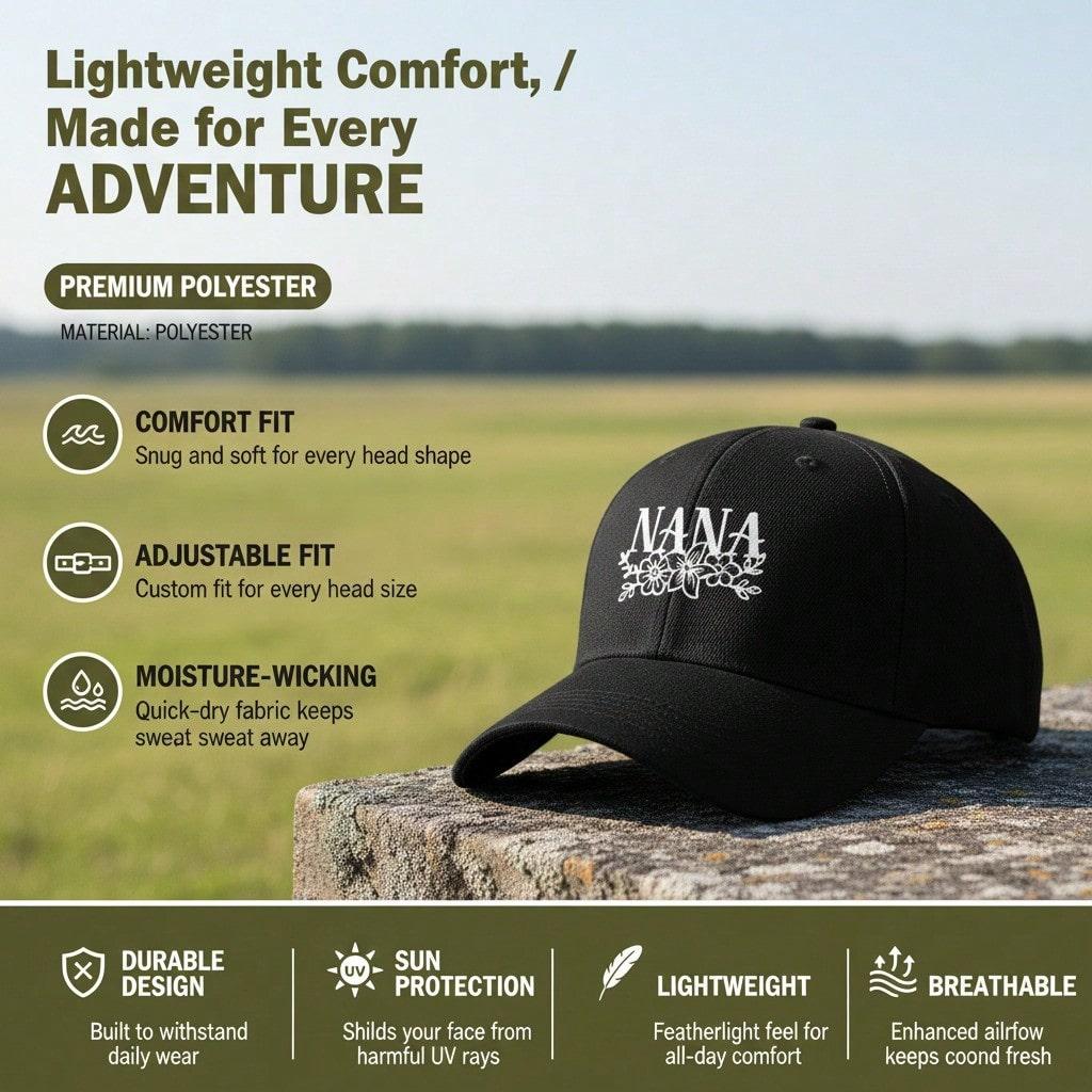 Black Baseball Cap - Letter "NANA" Print Polyester Adjustable Breathable Curved Brim Sun Protection Casual Outdoor Sports For Grandma Gift
