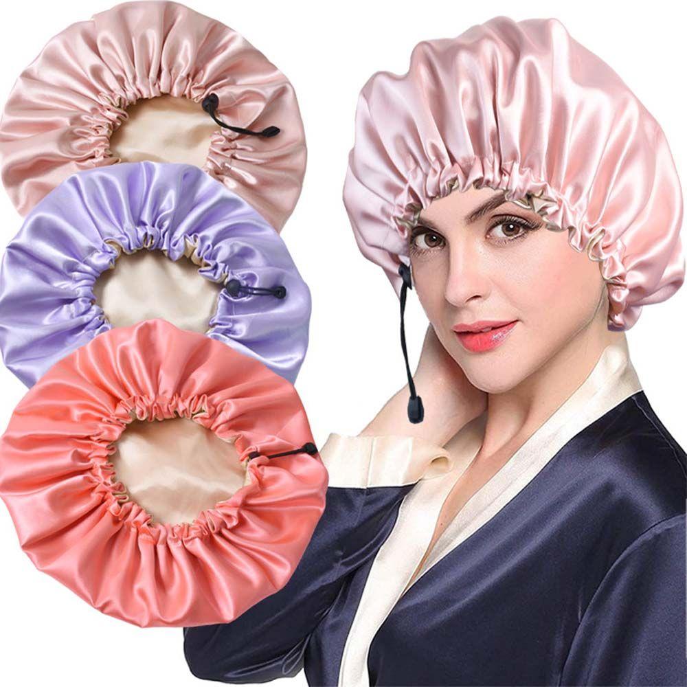 Care Adjustable Springy Double Layer Night Hair Cap Shower Cap Sleep Bonnet Reversible Satin Bonnet