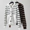 Women's Hooded Knit Loose Pocket Striped Cardigan Sweater