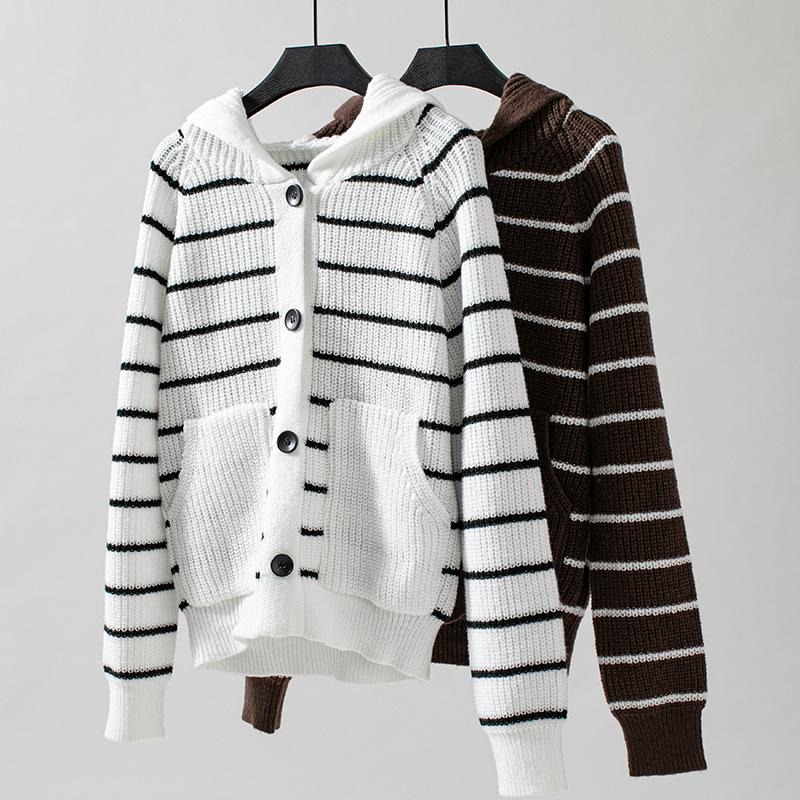 Women's Hooded Knit Loose Pocket Striped Cardigan Sweater