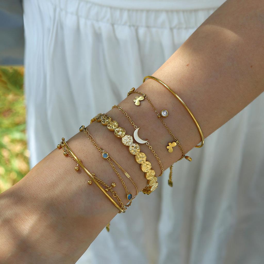 Hot Sale Vintage Fashion 18K Gold Plated Stainless Steel Flower Moon Zircon Inlayed Chain Bracelet Set Multi-layered Gift