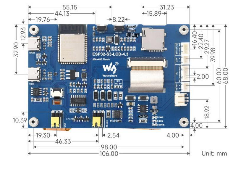 Отладочная плата ESP32-S3 с 4,3-дюймовым сенсорным экраном, двухъядерным процессором LX7, поддержкой WiFi и Bluetooth