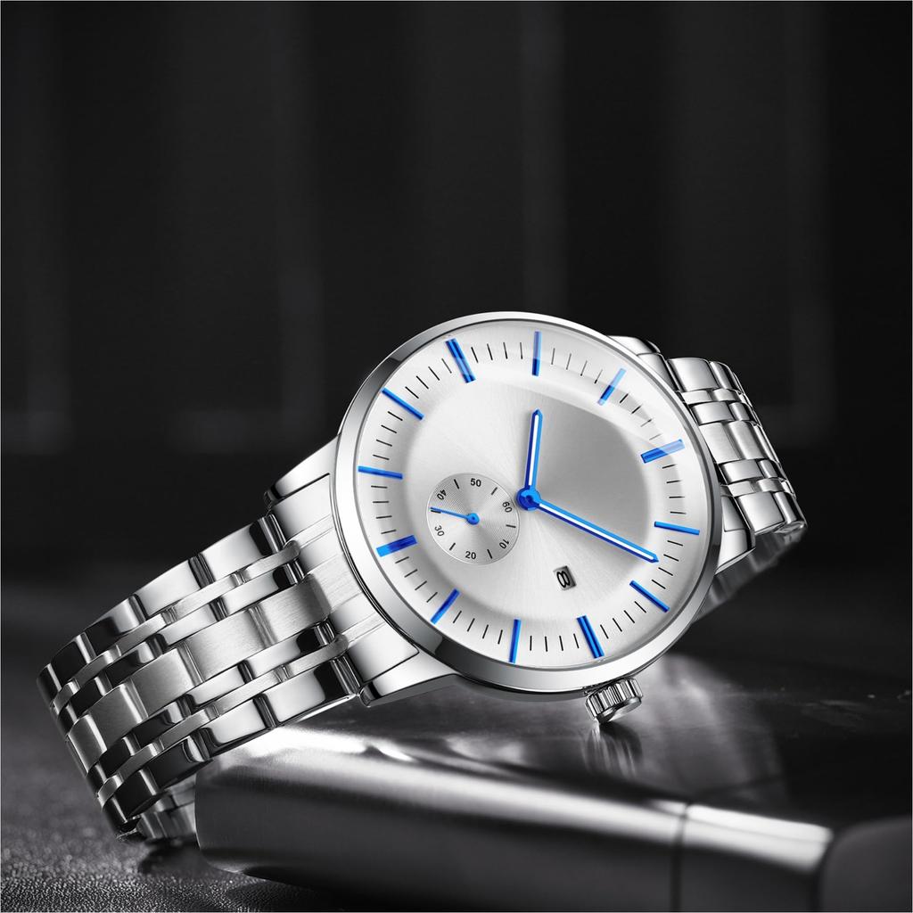 Waterproof Quartz Watch with Stainless Steel Strap and Date Display Men's (White)