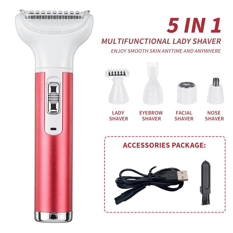 5 In 1 Electric Hair Remover USB Rechargeable Lady Shaver Nose Hair Trimmer Eyebrow Shaper Leg Armpit Bikini Trimmer Women Epilator