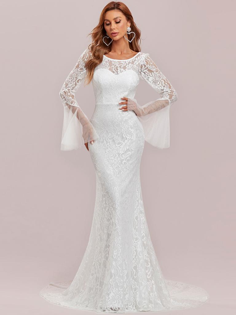 Всегда красивое женское облегающее свадебное платье с вырезом в форме сердца и рукавами-колокольчиками, кружевное облегающее платье русалки с аппликацией