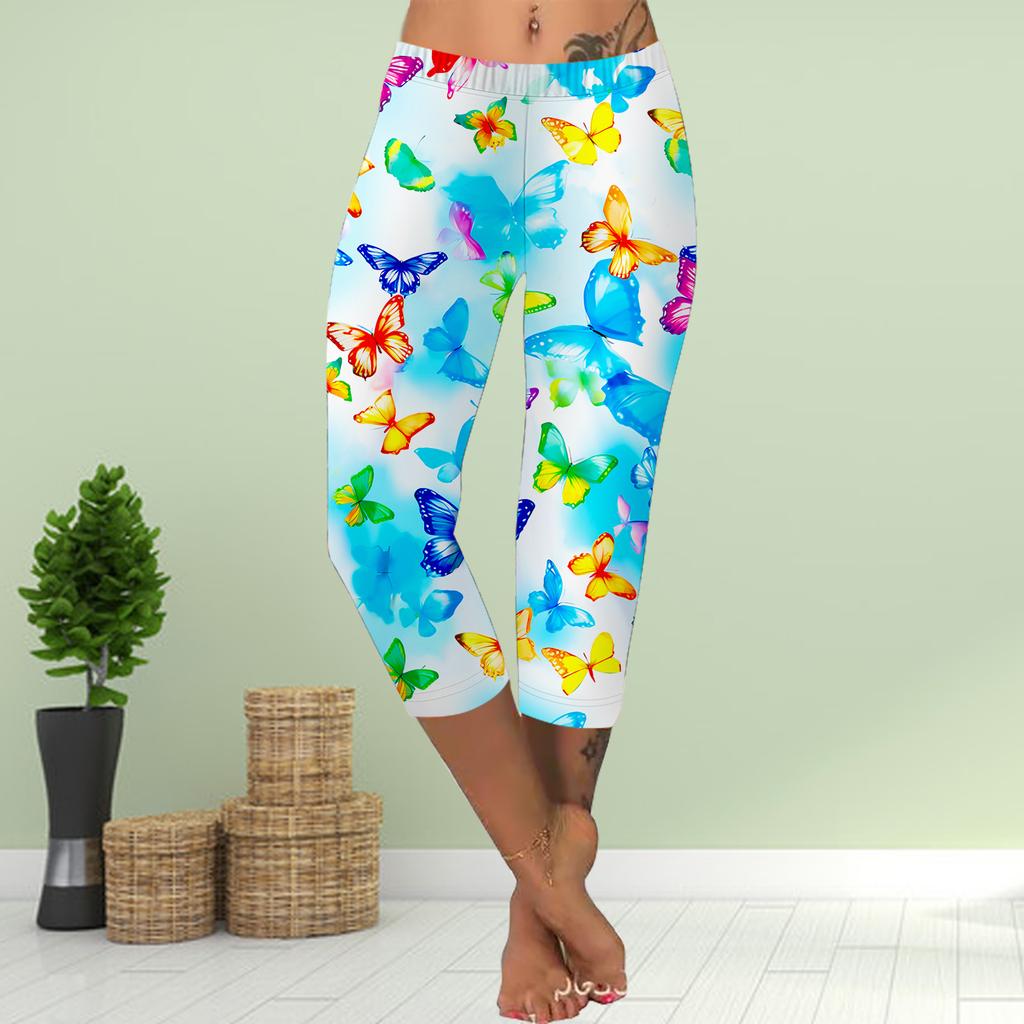 Брюки летние короткие леггинсы укороченные узкие брюки леггинсы больших размеров женские облегающие брюки с принтом 3D Golden Butterfly