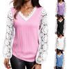 Women's Loose V-neck Lace Patchwork Long Sleeved Casual T-shirt Top
