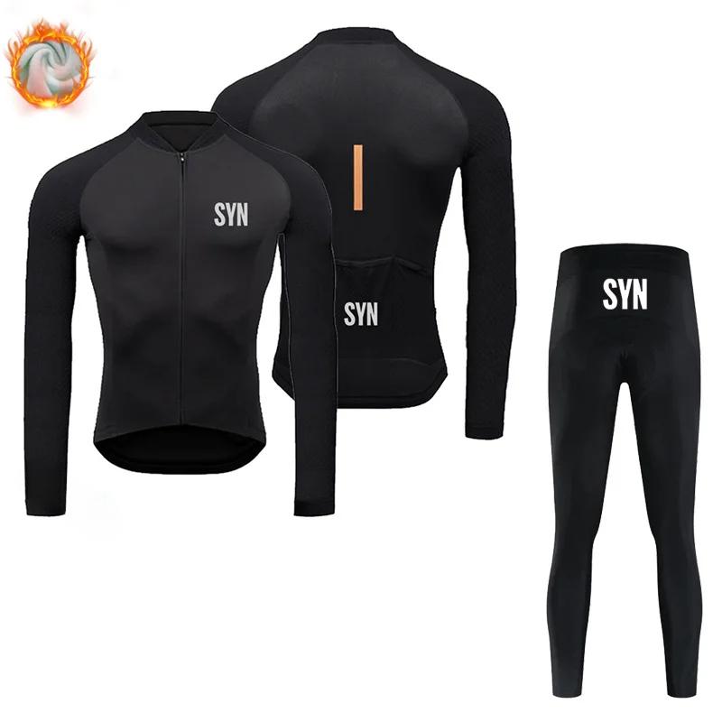 BIEHLER-Thermal Fleece Cycling Clothing Long Sleeves Warm Jersey Set Windproof Sportswear MTB Road Bike Winter