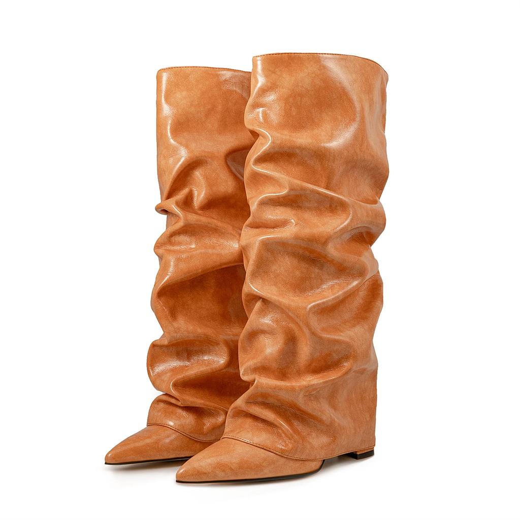 Женские высокие сапоги с принтом крокодила, с острым носком, леопардовым принтом, на танкетке, в стиле ретро, слипоны, с голенищем до колена, плиссированные