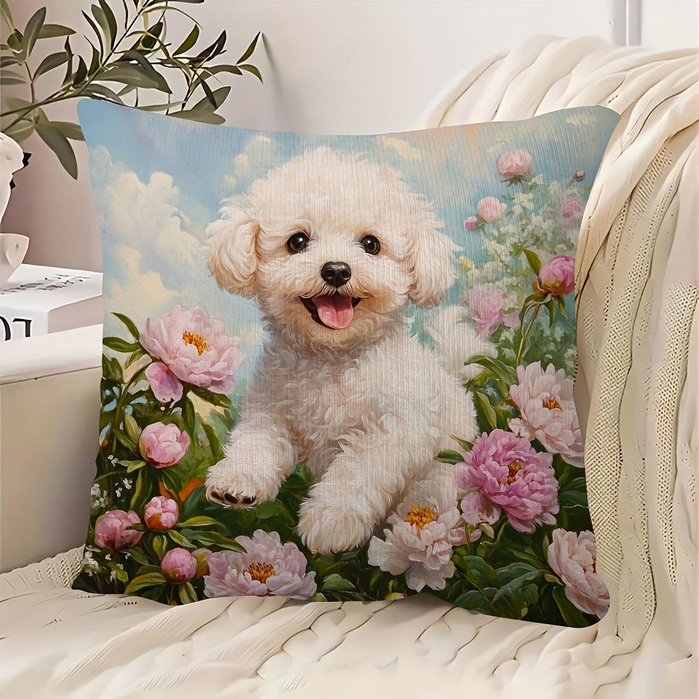 Cute White Poodle Pillow Cover Oil Painting Print Cushion Case Pet Lover Peony Flower Home Decor Gift