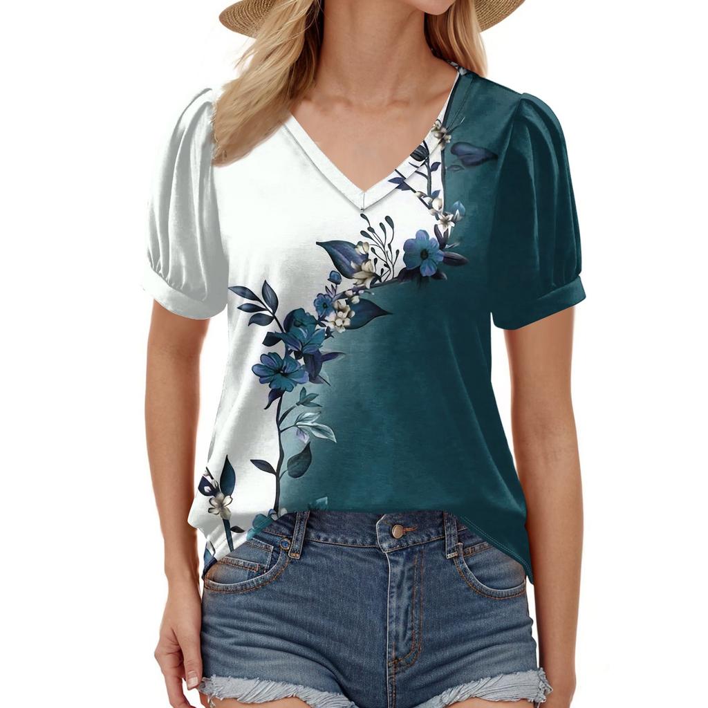 Женская модная футболка с коротким рукавом и V-образным вырезом, с цветочным принтом, свободная повседневная футболка