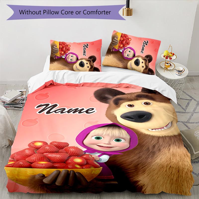 3pcs Masha and the Bear4 Cover Set - Personalized Name, HD Printed Bedding with 1 Cover and 2 Pillowcases - Perfect for Home Decor, Easy Care