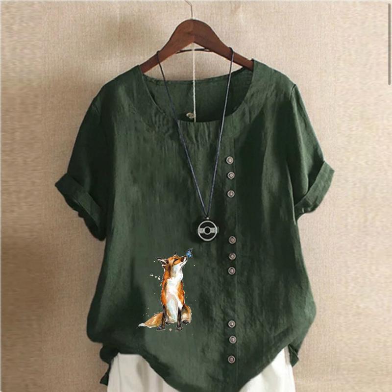Women's Fashion Round Neck Short Sleeve T-shirt Casual Cotton Linen Graphic Shirt Leisure Loose Fox Prined Summer Blouse Tops