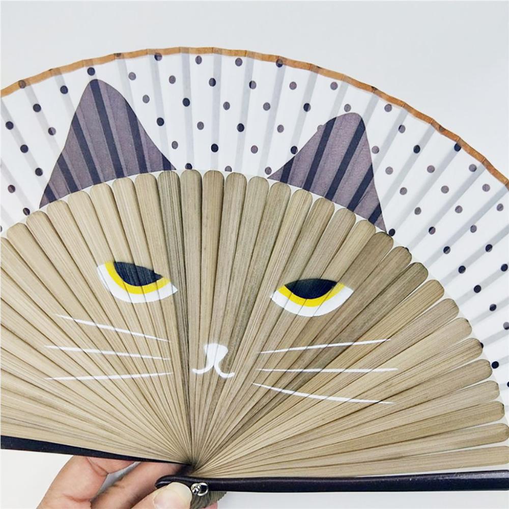 pcs Cat Patterns Bamboo Wooden Handmade Summer Gift Home Decoration Silk Fan Folding Fan Fan Crafts