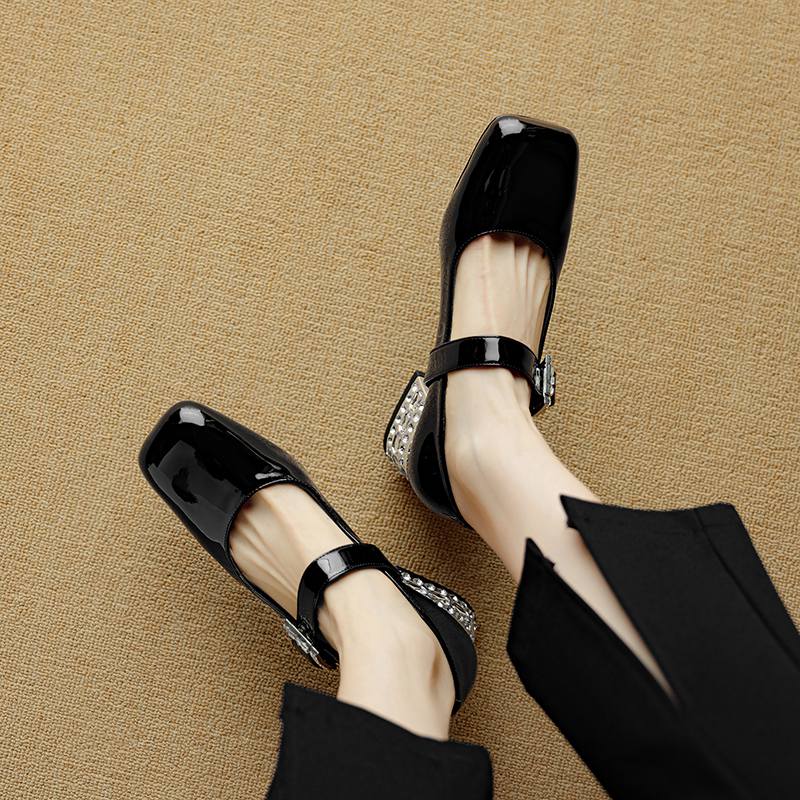 Krazing Pot Летние туфли из овчины размера 41 на среднем каблуке, Мэри Джейн с хрустальной пряжкой, квадратный носок, каблуки с бриллиантами, туфли-гладиаторы