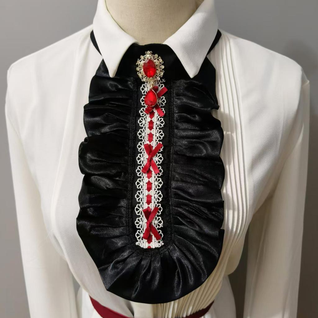 Victorians Colonial Ruffle Satins Jabot False Collar Crystal Necktie Medieval Costume Shirt Front Detachable Neck Collar