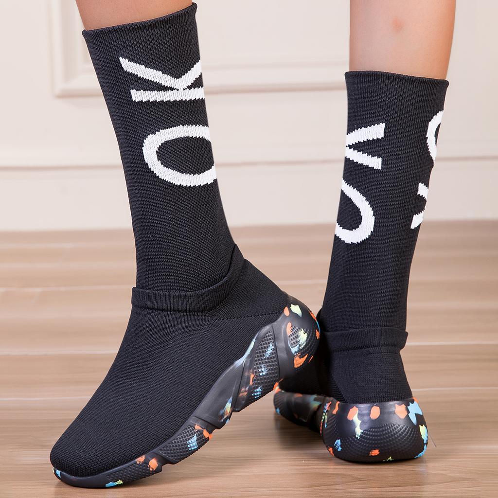 TUINANLE Thick Sole Long Boots for Women Elastic Socks Shoes Boots Mid-calf Round Toe Low Heels