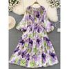 Retro Long Sleeves A- Line Elegance Wide Hem Printed Dress