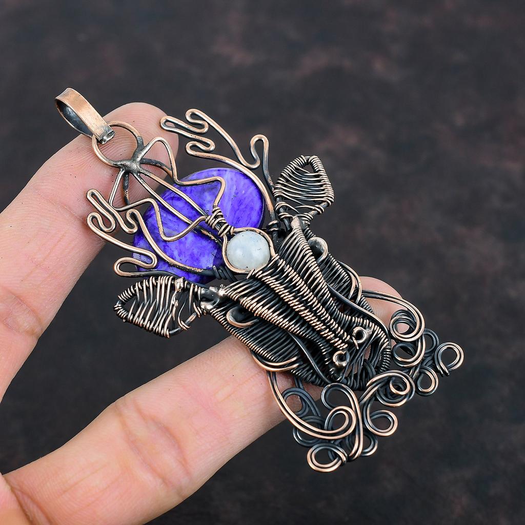 Подвеска из чароита, медная проволока, обернутая подвеской из драгоценных камней, медные украшения, подвеска в виде оленьей морды, подвеска из радужного лунного камня, украшения ручной работы для подарков