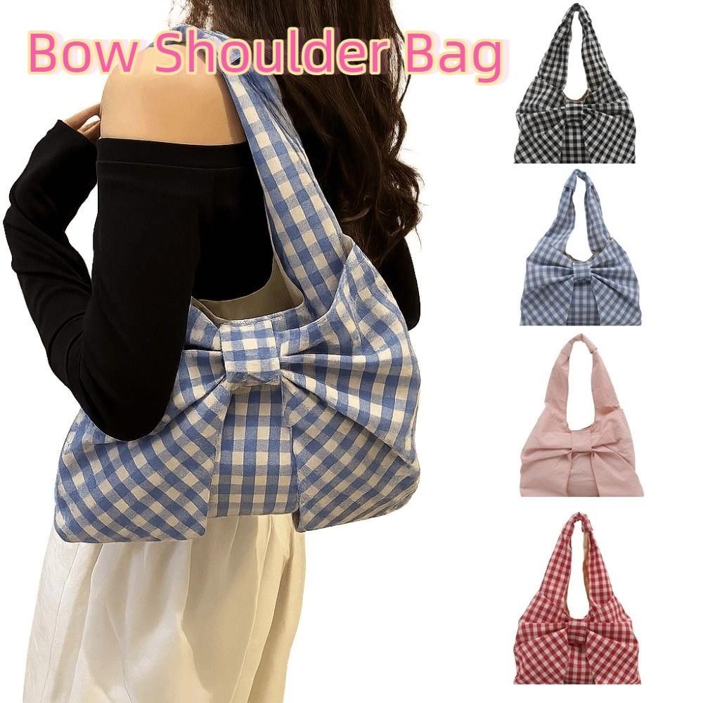 Large Capacity Canvas Vest Bag Bowknot Plaid Tote Bag Vintage Bow Shoulder Bag Outdoor